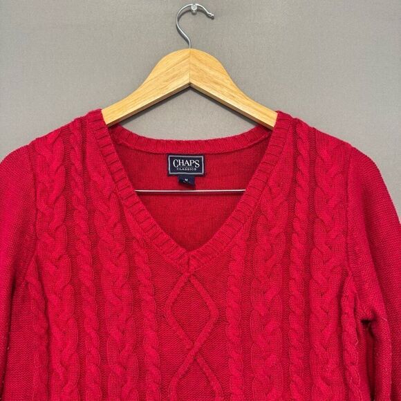 Chaps Ralph Lauren Women’s Red Cable Knit V-Neck Sweater Size Medium - Picture 2 of 8